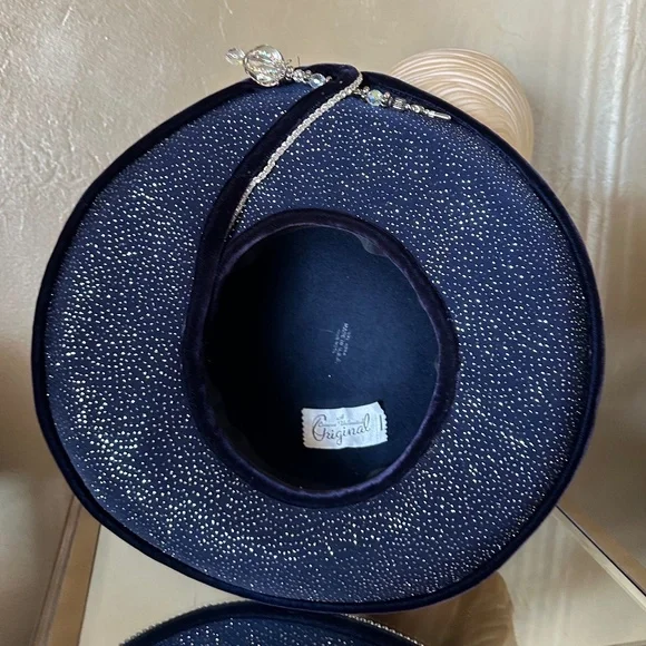 ENCHANTING 1970s' NAVY WIDE BRIM FELT HAT + PEARLS/BEADS/GLITTER & LARGE JEWEL